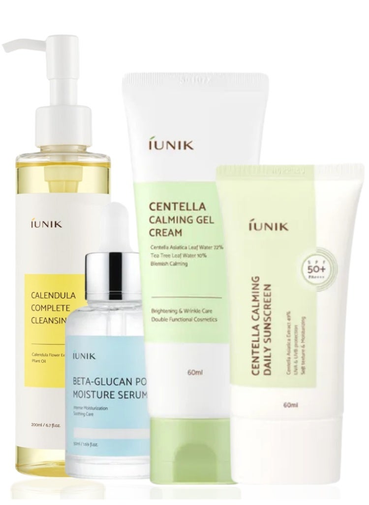 iUNIK Acne, Sensitivity & Dehydration Care – iUNIK Calendula Cleansing Oil + Beta Glucan Serum + Centella Gel Cream + SPF50 Sunscreen Set - Image 1